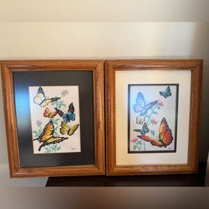Vtg Lot Of 2 Framed Cross-Stitch Pictures of Butterflies Signed 11 x 9.5”